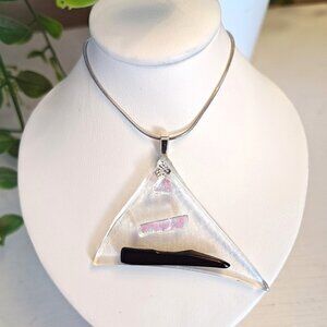 Textured pyramid iridescent & black pendant necklace, Unique festival jewelry